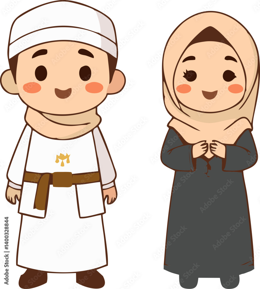 Muslim couple wearing traditional Eid clothing for Eid al-Adha celebration Muslim couple wearing traditional Eid clothing for Eid al-Adha celebration