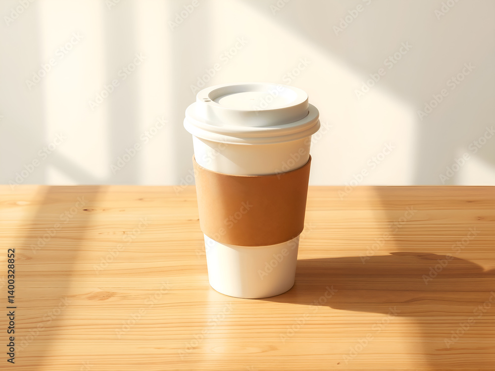Disposable white paper cup on wooden surface, isolated for mockup or product display purposes. Generative AI