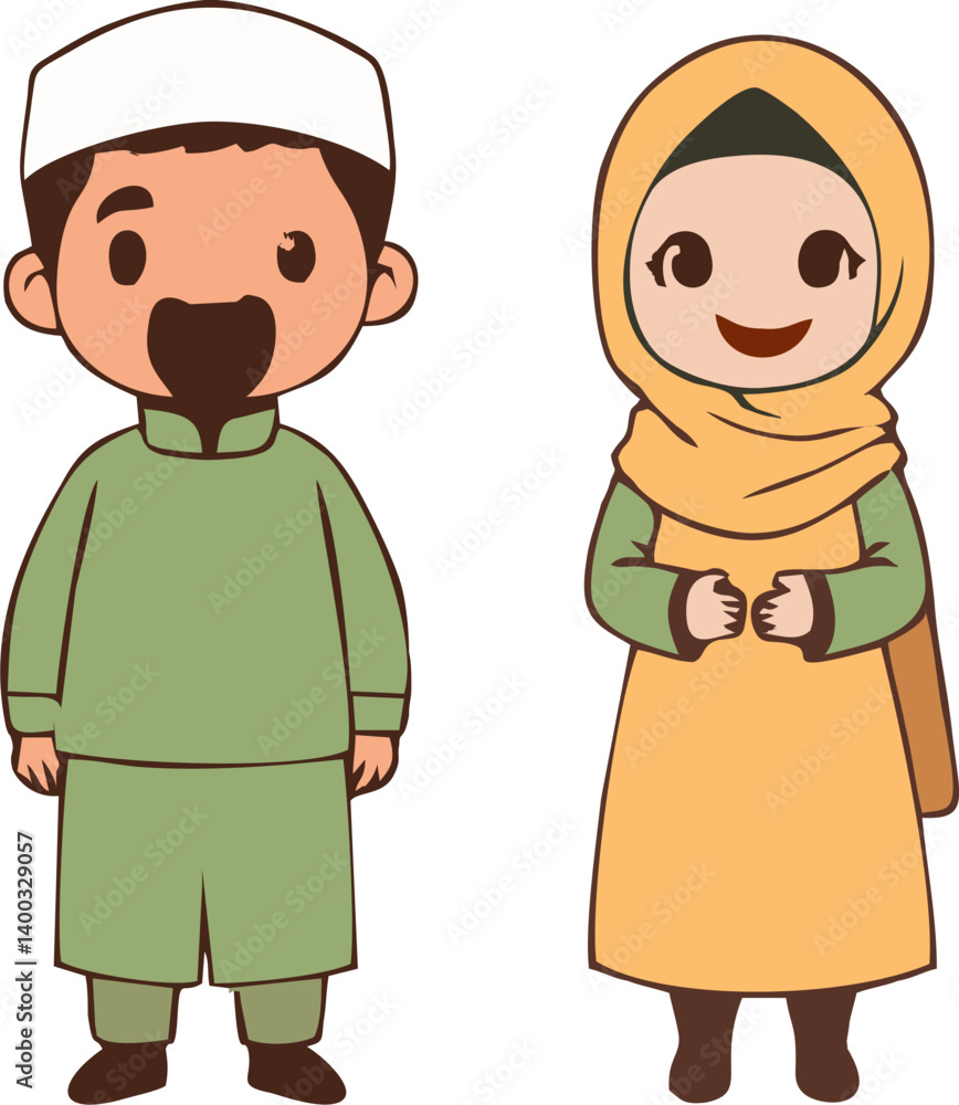 Muslim couple wearing traditional Eid clothing for Eid al-Adha celebration Muslim couple wearing traditional Eid clothing for Eid al-Adha celebration