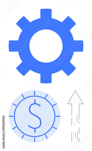Blue gear, coin with dollar sign, upward arrow symbolizing business development, economic growth, progress. Ideal for business, finance, investment, productivity success opportunity innovation