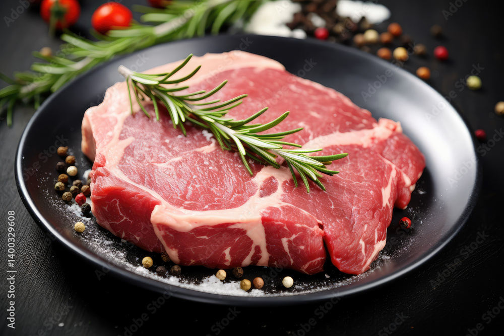 Fresh Cut Ribeye Steak on Black Plate