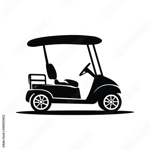 Golf cart icon vector, Black golf car icon vector, golf cart flat vector, A black and white drawing of a golf cart with golf clubs.