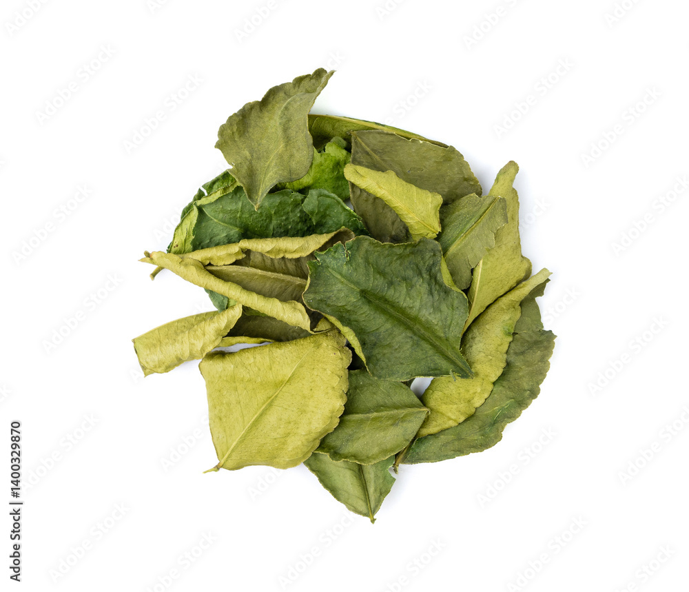Thai lime dried leaves isolated, makrut lime or Citrus hystrix leaf pile, kaffir lime dry sprouts, Asia spices Thai lime dried leaves isolated, makrut lime or Citrus hystrix leaf pile, kaffir lime dry sprouts, Asia spices