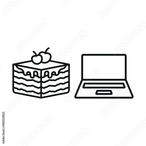 Laptop and tiramisu icon reflects sweet work breaks, cozy digital sessions, and elegant productivity vibes.