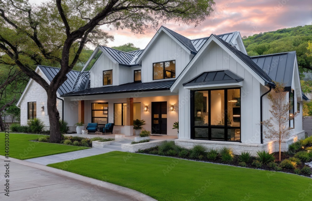 White modern farmhouse-style home in San Antonio, Texas, with a beautiful front yard and a view of the Hill Country. White modern farmhouse-style home in San Antonio, Texas, with a beautiful front yard and a view of the Hill Country.