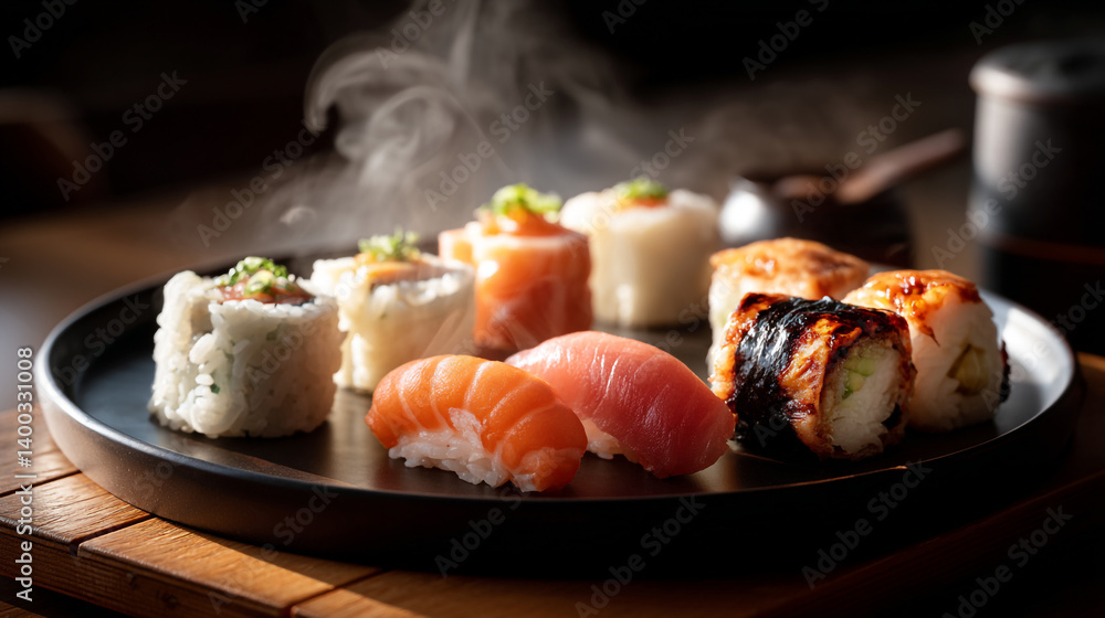 Delicious fresh sushi rolls and nigiri on a black plate perfect for japanese food restaurant menu design Delicious fresh sushi rolls and nigiri on a black plate perfect for japanese food restaurant menu design