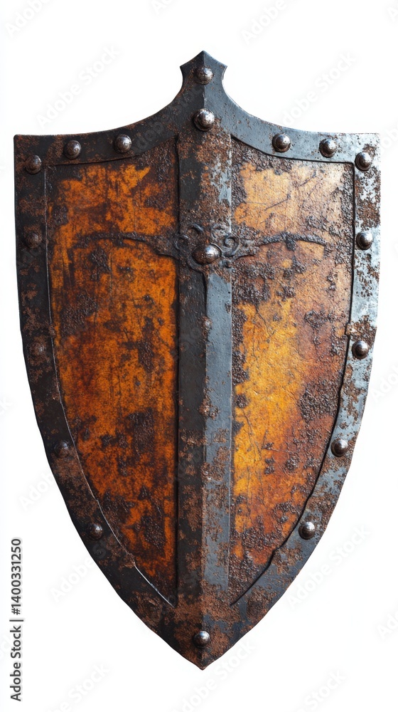 Majestic medieval shield showcasing weathered texture rusty surface and intricate design against a bright background Majestic medieval shield showcasing weathered texture rusty surface and intricate design against a bright background