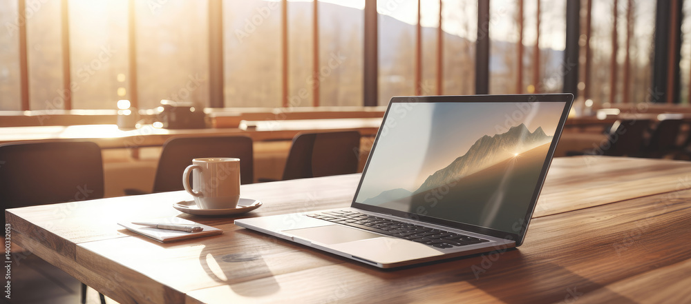 Tranquil Workspace with Laptop and Coffee