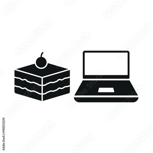 Laptop and tiramisu icon reflects sweet work breaks, cozy digital sessions, and elegant productivity vibes.