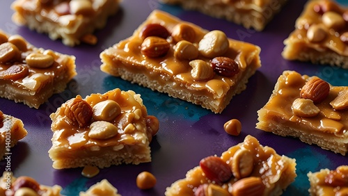  A futuristic, sci-fi inspired peanut brittle with a metallic sheen and geometric patterns, rendered in a high-tech, digital style.	