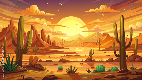 Golden sunset over an arid desert plain, with scattered cacti standing resilient against the wind