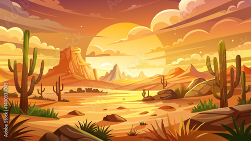 Golden sunset over an arid desert plain, with scattered cacti standing resilient against the wind