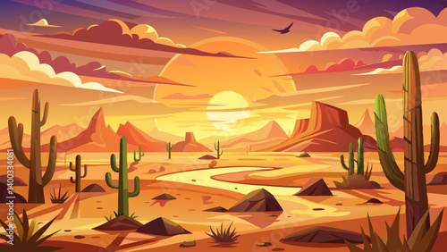 Golden sunset over an arid desert plain, with scattered cacti standing resilient against the wind