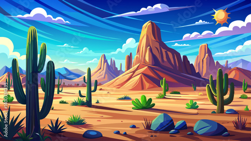 Vast desert landscape under a bright blue sky, dotted with tall saguaro cacti casting long shadows