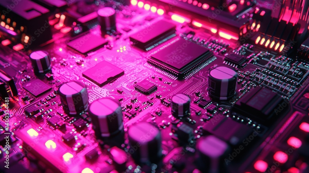 Fototapeta premium Neon Circuit Board: A Close-Up of Technological Marvel