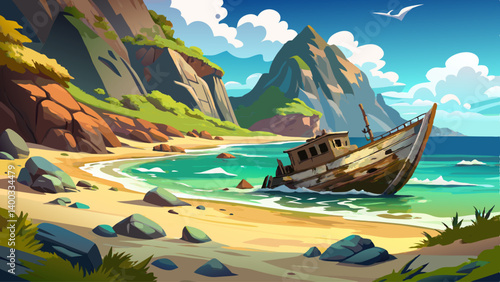 A forgotten steel vessel lies wrecked on the coast