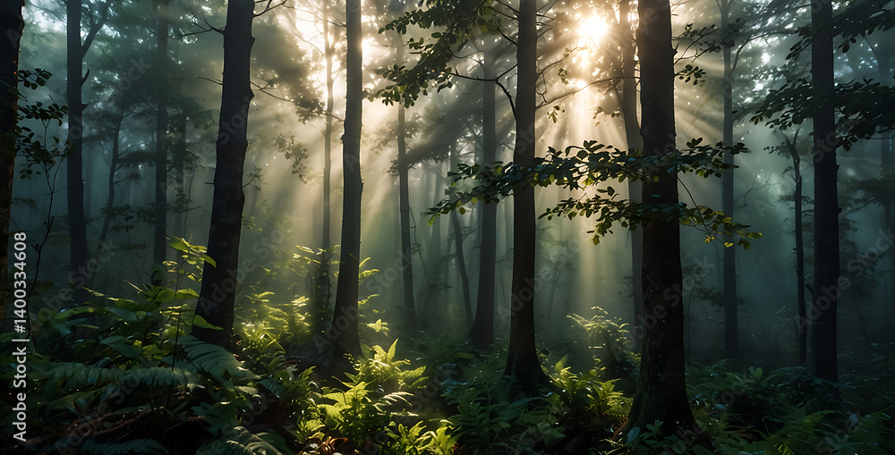 Obraz premium Sunlight Streaming Through Tall Trees in Misty Forest Illuminating Lush Ferns