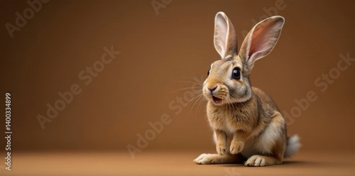 Wild rabbit, wide-eyed, startled expression, brown background, rodent, funny