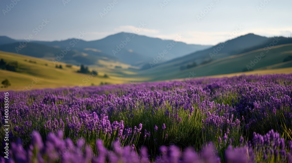 Naklejka premium Purple lavender fields stretch across rolling hills in a peaceful countryside. A beautiful landscape captures the essence of nature during the warm sunlight hours, inviting tranquility
