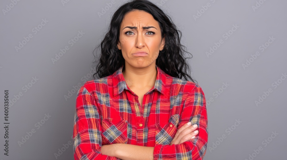 Serious young woman crossing arms with skeptical stare in red plaid shirt against plain grey studio background showing attitude and disapproval with confident expression Serious young woman crossing arms with skeptical stare in red plaid shirt against plain grey studio background showing attitude and disapproval with confident expression