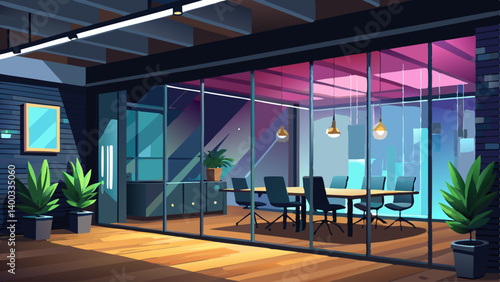 Modern black wall mockup in office with wooden floor and meeting room visible through glass wall on right side under ceiling lights at night. 