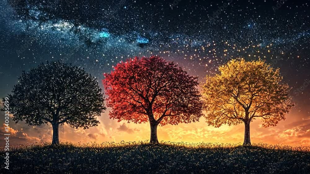 Harmonious Trio of Trees under a Dazzling Night Sky Awaits with Mesmerizing Scenery Harmonious Trio of Trees under a Dazzling Night Sky Awaits with Mesmerizing Scenery