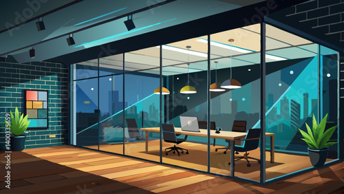 Modern black wall mockup in office with wooden floor and meeting room visible through glass wall on right side under ceiling lights at night. 