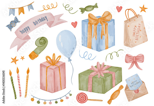 Happy birthday elements set, gifts, candles, cake, candies, balloon,presents, bow, happy birthday objects,  greeting,celebration bundle, on the transparent background, digital watercolor