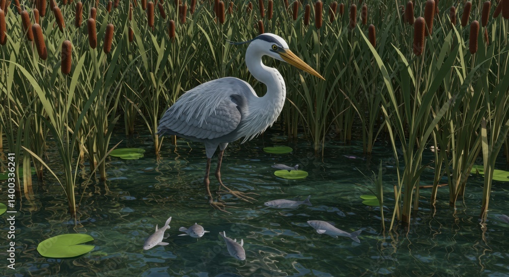 Serene Heron in Marsh Habitat: A Stunning Wildlife Scene Serene Heron in Marsh Habitat: A Stunning Wildlife Scene