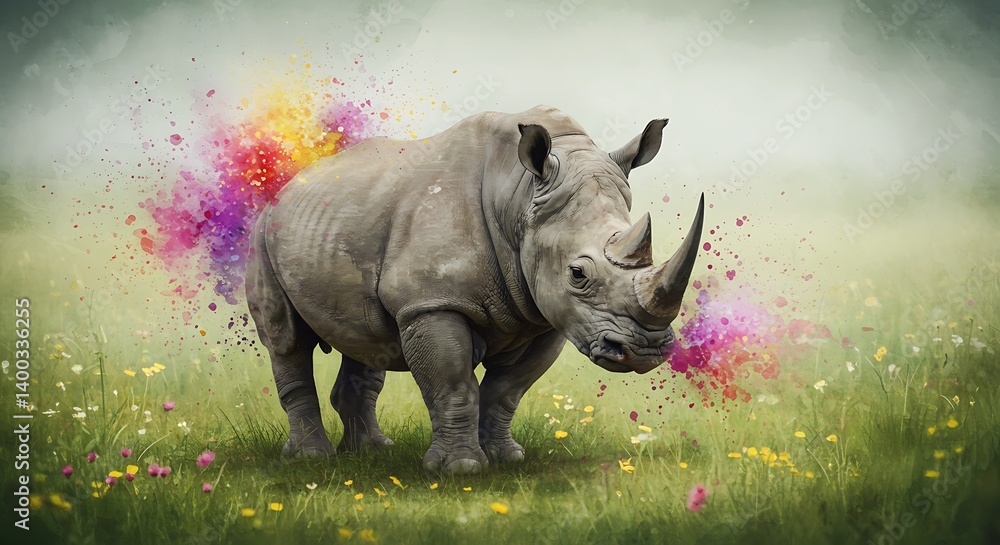 Fototapeta premium Rhino's Rainbow: A Whimsical Digital Painting of Nature's Majesty AI Generated