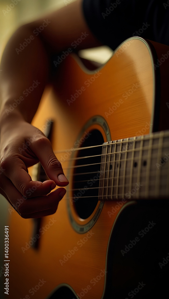 Fototapeta premium Guitarist hands playing an acoustic guitar, artistic expressive image