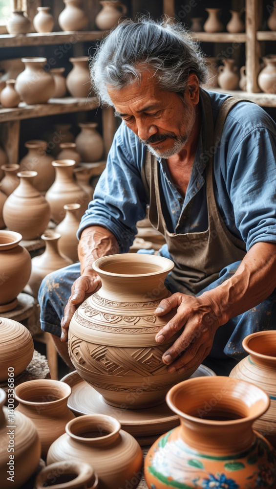A master potter carefully molding a delicate clay pot with skilled hands, in a bustling pottery workshop A master potter carefully molding a delicate clay pot with skilled hands, in a bustling pottery workshop