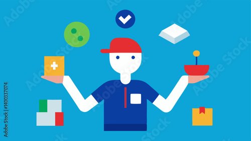 Juggling Tasks A gig worker is juggling various icons like a delivery box a laptop and a wrench the multiple jobs they handle simultaneously without proper support.