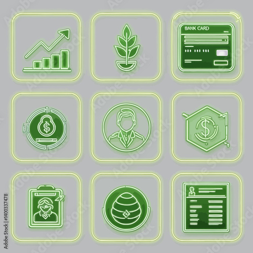 Green Neon Financial Icons on a Gray Background