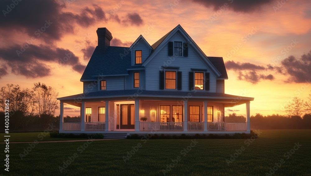 Charming farmhouse at sunset. Spacious home with wraparound porch, lit windows, and a tranquil ambiance Charming farmhouse at sunset. Spacious home with wraparound porch, lit windows, and a tranquil ambiance
