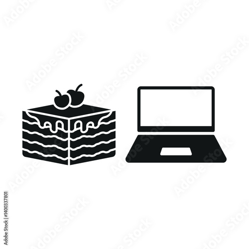 Laptop and tiramisu icon reflects sweet work breaks, cozy digital sessions, and elegant productivity vibes.