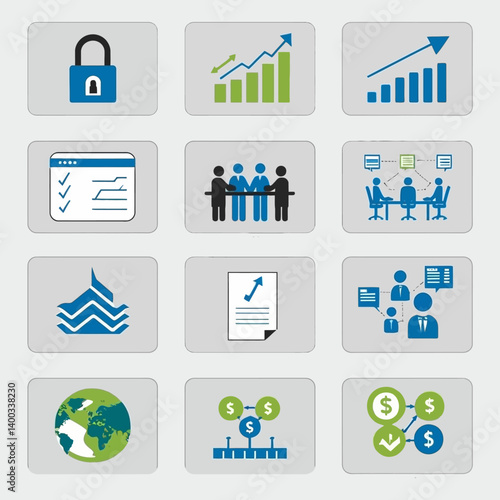 Business Growth Icons: Security, Success, Teamwork, Planning, Global, Investment