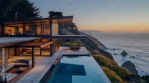 Stunning coastal modern home with large glass windows overlooking a serene ocean  featuring an infinity pool and landscaped surroundings during sunset