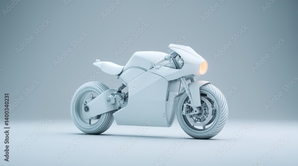 A modern white motorcycle is presented from the side, highlighting its sleek lines and innovative design elements. The background is neutral, emphasizing the motorcycle's features A modern white motorcycle is presented from the side, highlighting its sleek lines and innovative design elements. The background is neutral, emphasizing the motorcycle's features