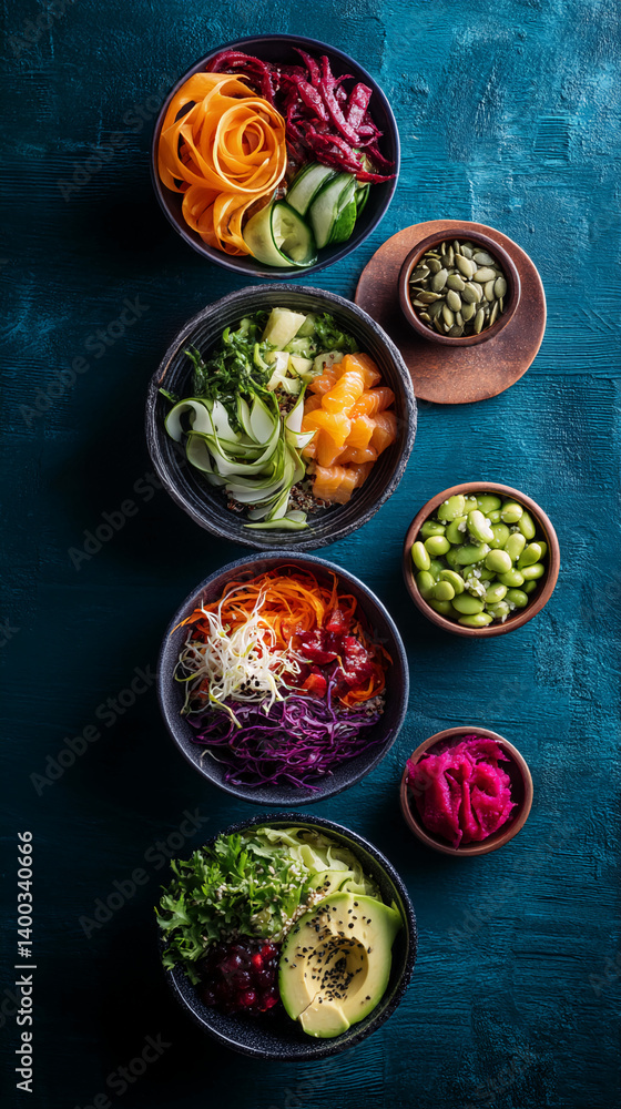 Overhead shot of vibrant, colorful bowls filled with assorted vegetables, salmon, and seeds. Represents healthy eating, clean food, and a balanced diet. Showcase of various ingredients Overhead shot of vibrant, colorful bowls filled with assorted vegetables, salmon, and seeds. Represents healthy eating, clean food, and a balanced diet. Showcase of various ingredients