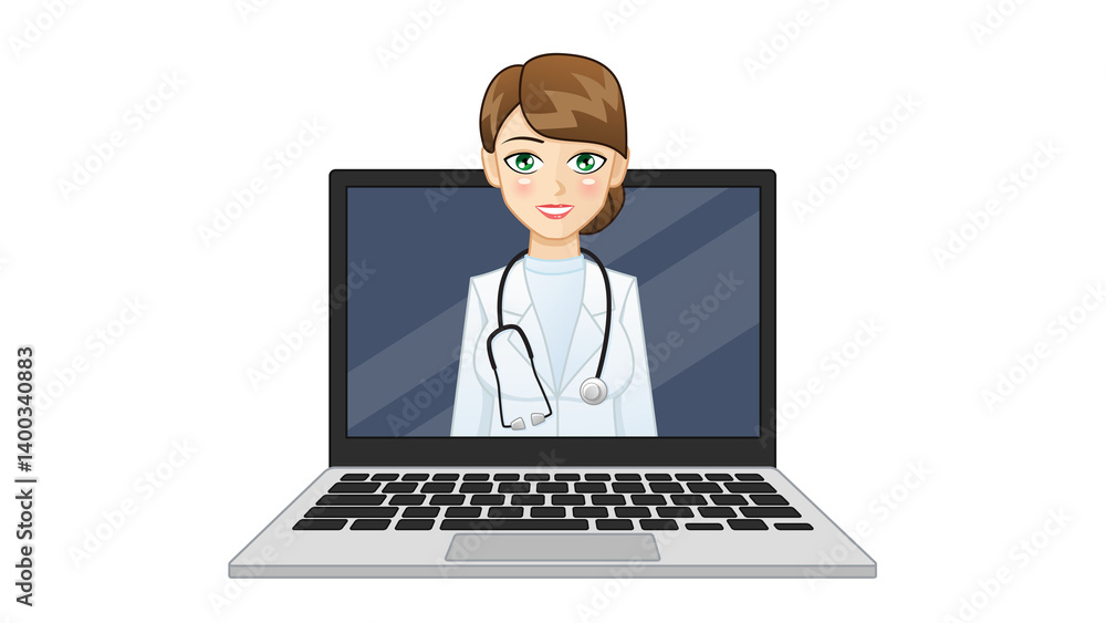 The figure is smiling and conducting an online consultation. On the laptop screen there is a female doctor with brown hair, in a lab coat with a stethoscope. The figure is smiling and conducting an online consultation. On the laptop screen there is a female doctor with brown hair, in a lab coat with a stethoscope.