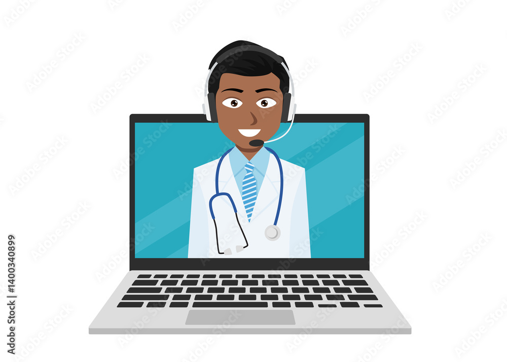 A smiling doctor of Indian origin. Online conversation with a doctor. The laptop screen shows a doctor in a lab coat and with headphones and a microphone. A smiling doctor of Indian origin. Online conversation with a doctor. The laptop screen shows a doctor in a lab coat and with headphones and a microphone.