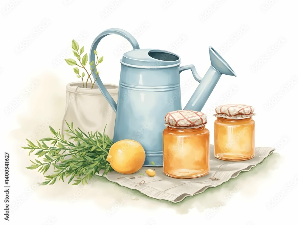 A gentle watercolor-style illustration shows a soft green watering can, two jars of golden liquid, and a tied cloth bag with herbs A gentle watercolor-style illustration shows a soft green watering can, two jars of golden liquid, and a tied cloth bag with herbs
