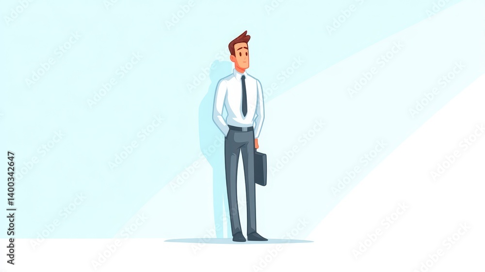 A business professional dressed in a white shirt and tie stands confidently with a briefcase in a minimalist vector design. The scene highlights a modern, clean background A business professional dressed in a white shirt and tie stands confidently with a briefcase in a minimalist vector design. The scene highlights a modern, clean background