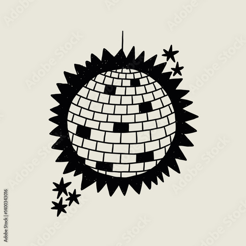 Disco Ball Doodle Line Icon with Simple Star. Mirror Dance Celebration Discoball. Sketch Vector Illustration