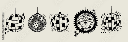 Disco Ball Sketch Set. Club Dance Party Mirror Discoball Collection. Doodle Vector Illustration