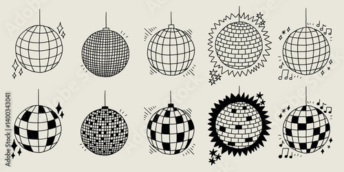 Disco Ball Sketch Set. Club Dance Party Mirror Discoball Collection. Doodle Vector Illustration