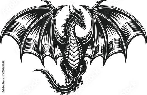 Majestic black and white dragon detailed illustration featuring outstretched wings