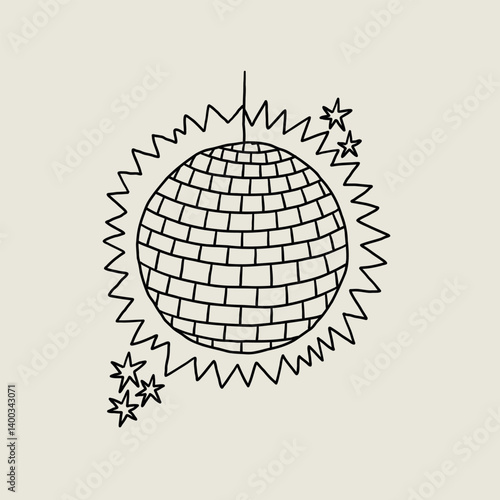 Disco Ball Doodle Line Icon with Star. Mirror Dance Celebration Discoball. Sketch Vector Illustration