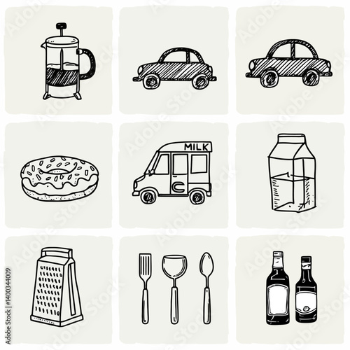 Hand-drawn kitchen and food doodles